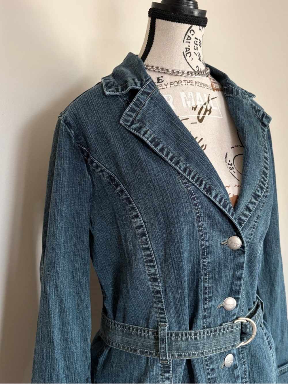Y2K Denim Jacket Belted Medium Wash Mini Dress 2 Way 2000s - Picture 4 of 10